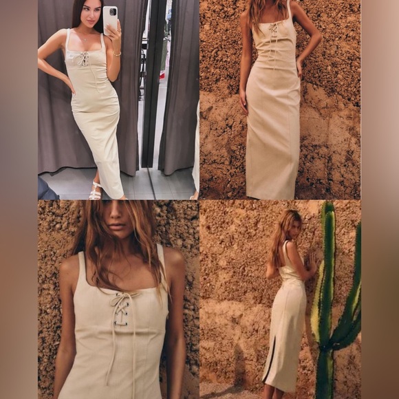 Zara Beige Lace-Up Midi Dress - Picture 3 of 7